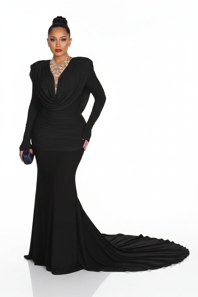 Ruched Long Sleeve Maxi Dress | Elegant Bodycon Formal Evening Gown - Jsandiclothing.com