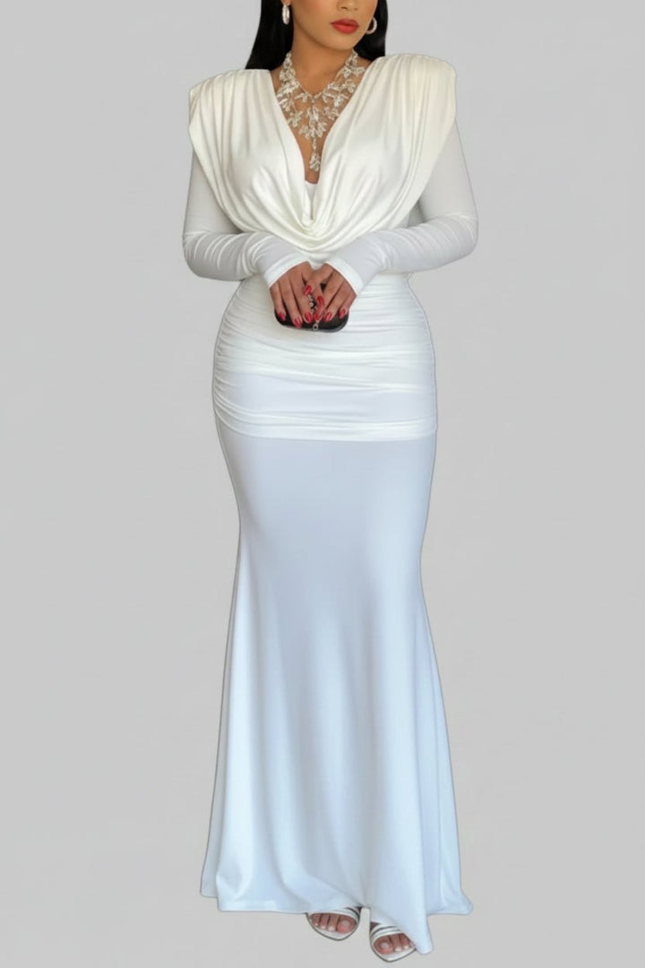 Ruched Long Sleeve Maxi Dress | Elegant Bodycon Formal Evening Gown - Jsandiclothing.com