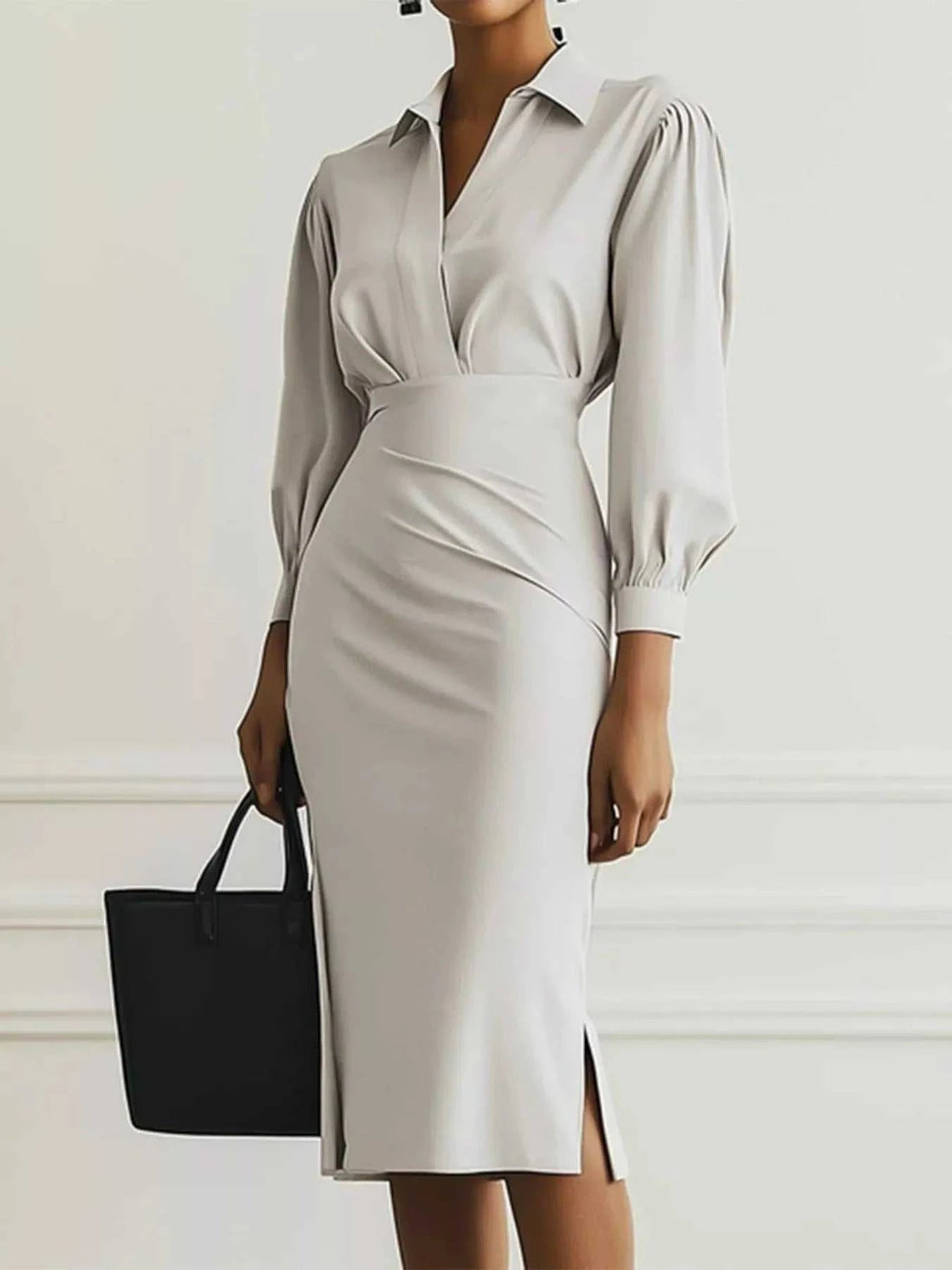 Ruched Midi Shirt Dress with Side Slit - Elegant & Stylish |JSandi - Jsandiclothing.com