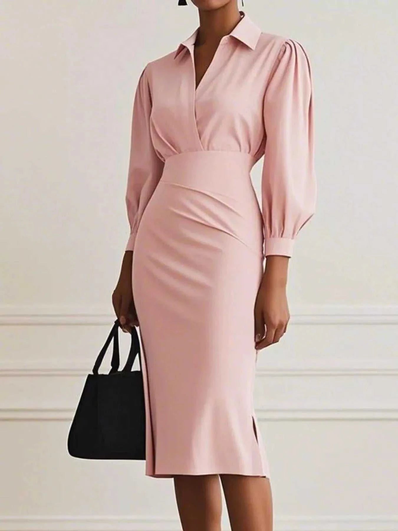 Ruched Midi Shirt Dress with Side Slit - Elegant & Stylish |JSandi - Jsandiclothing.com