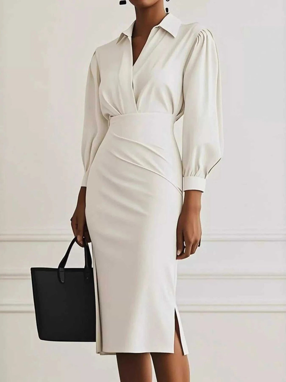 Ruched Midi Shirt Dress with Side Slit - Elegant & Stylish |JSandi - Jsandiclothing.com