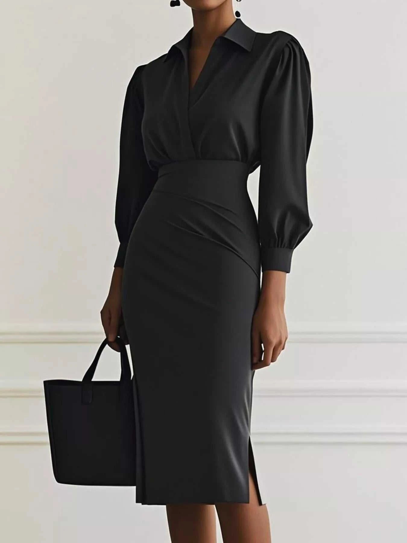 Ruched Midi Shirt Dress with Side Slit - Elegant & Stylish |JSandi - Jsandiclothing.com