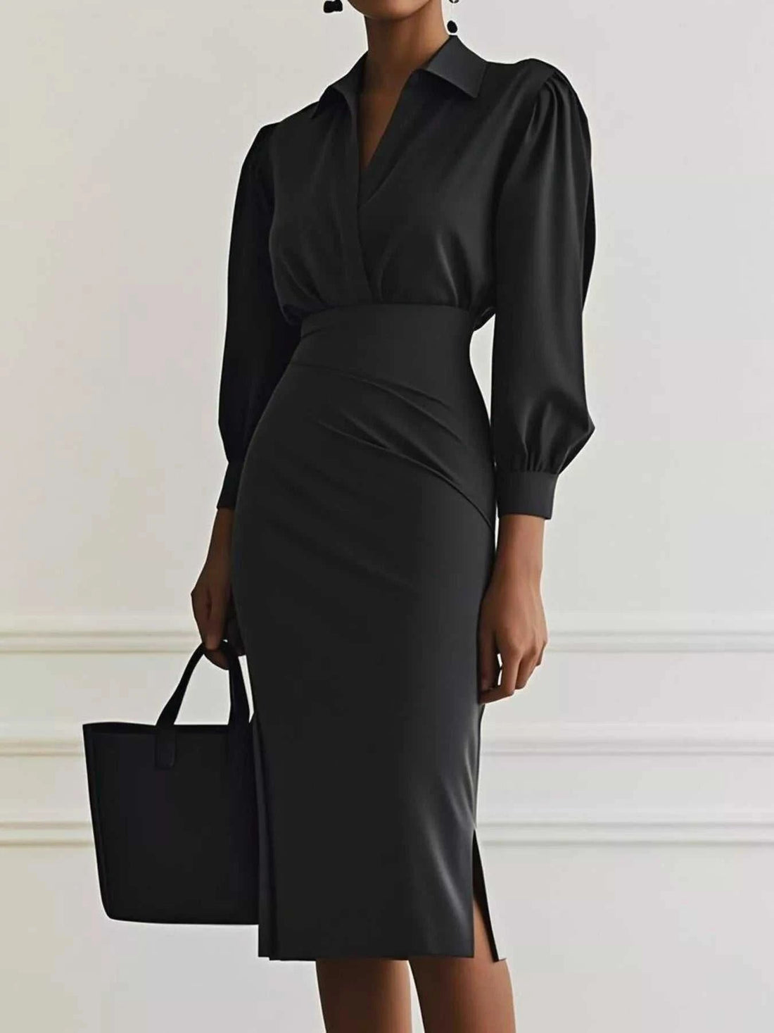 Ruched Midi Shirt Dress with Side Slit - Elegant & Stylish |JSandi - Jsandiclothing.com