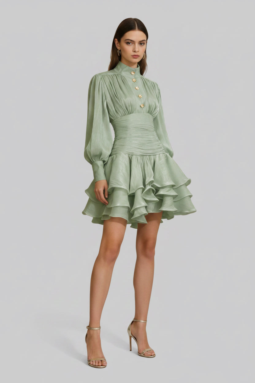 Ruffled Layered Lantern Sleeve Mini Dress - Jsandiclothing.com