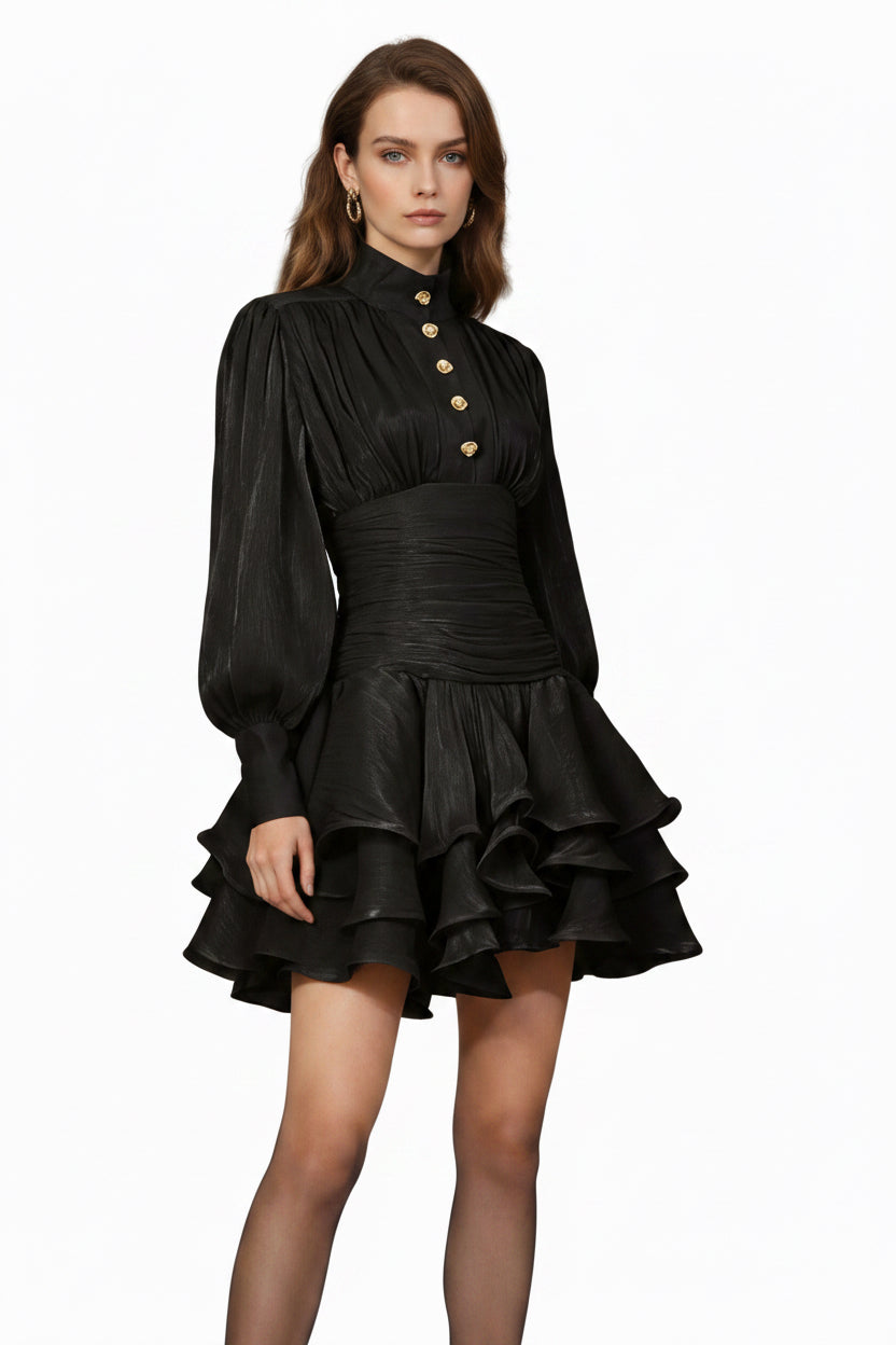 Ruffled Layered Lantern Sleeve Mini Dress - Jsandiclothing.com