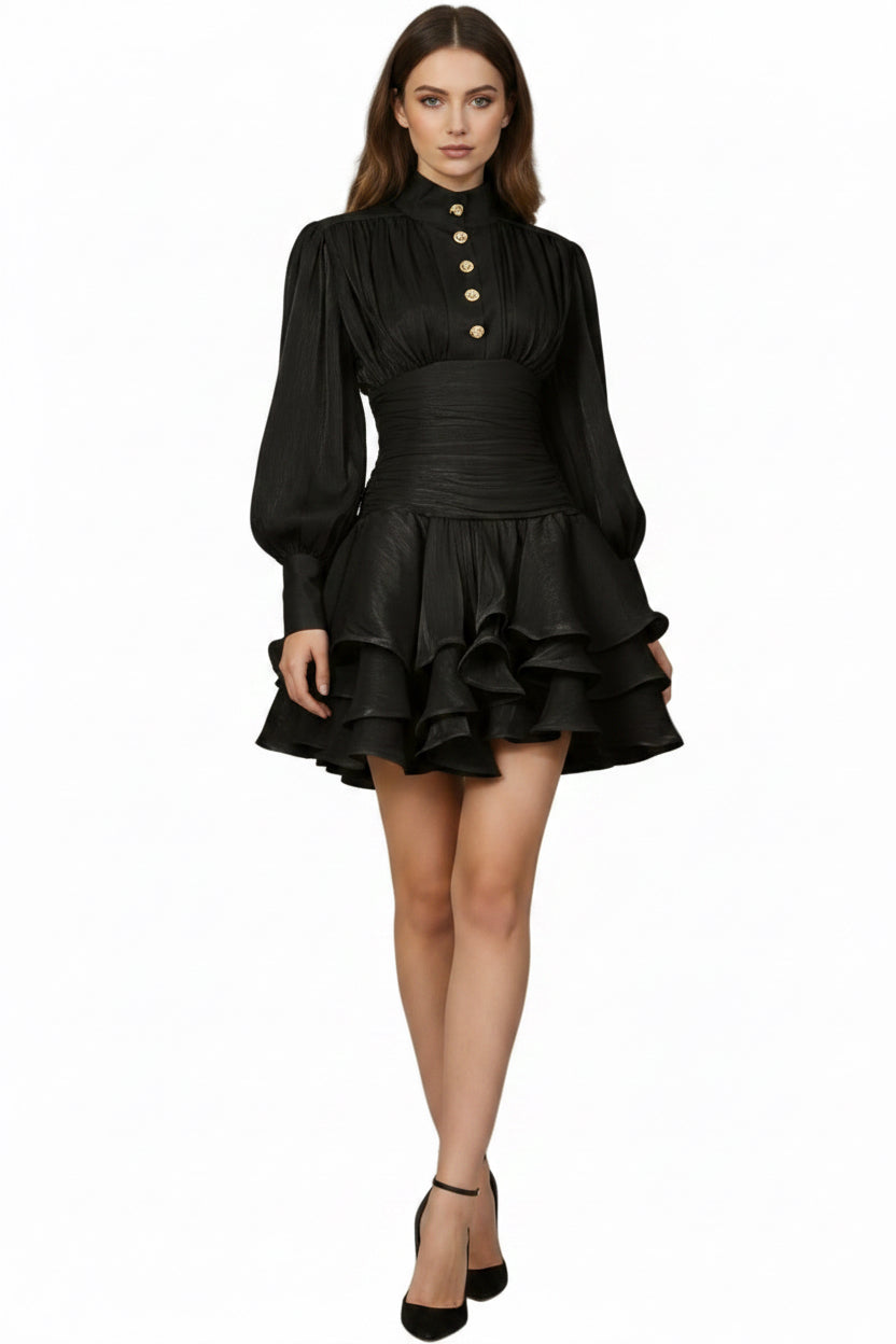 Ruffled Layered Lantern Sleeve Mini Dress - Jsandiclothing.com
