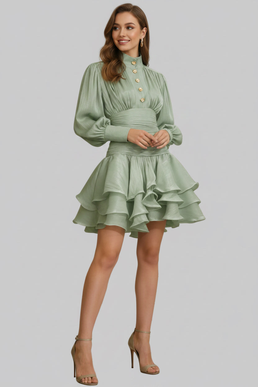 Ruffled Layered Lantern Sleeve Mini Dress - Jsandiclothing.com