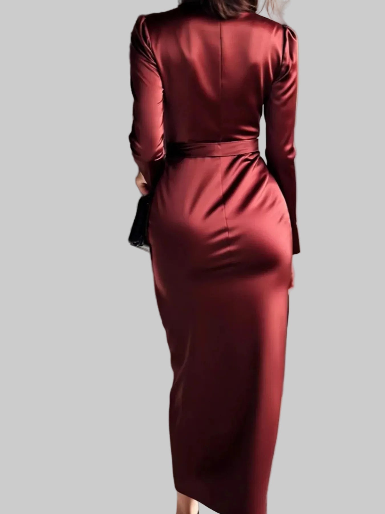Satin Wrap Long Sleeve Midi Dress - Jsandiclothing.com