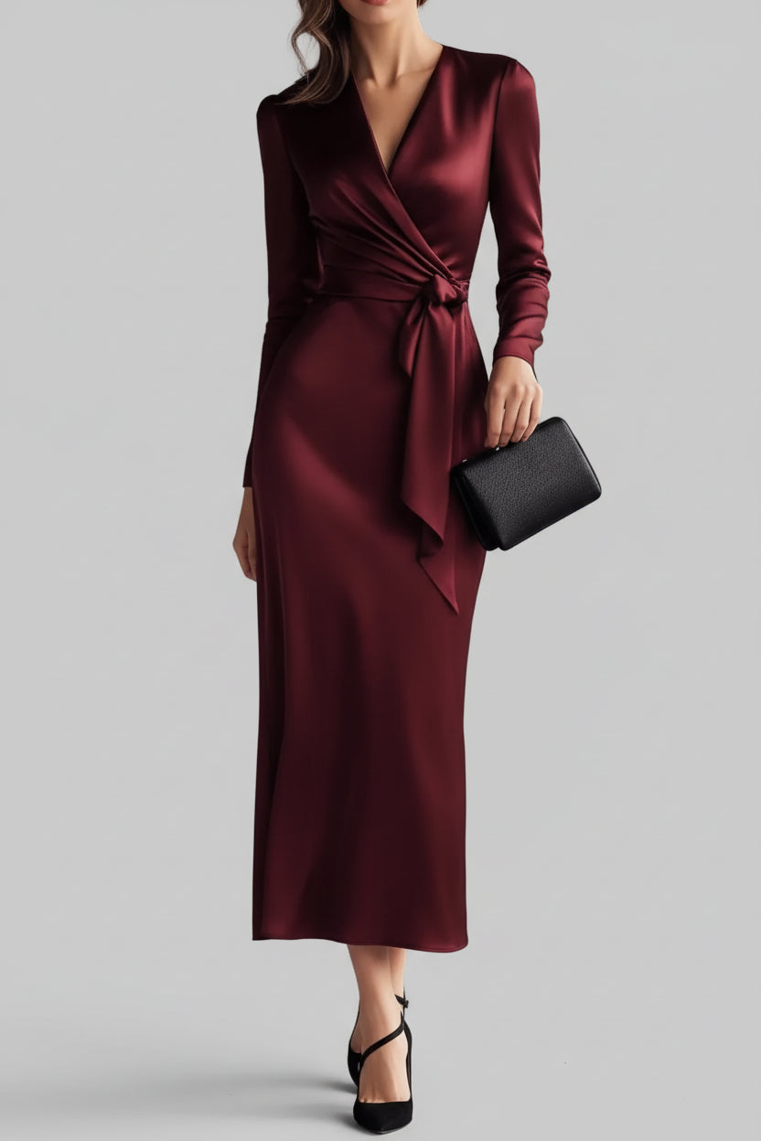 Satin Wrap Long Sleeve Midi Dress - Jsandiclothing.com