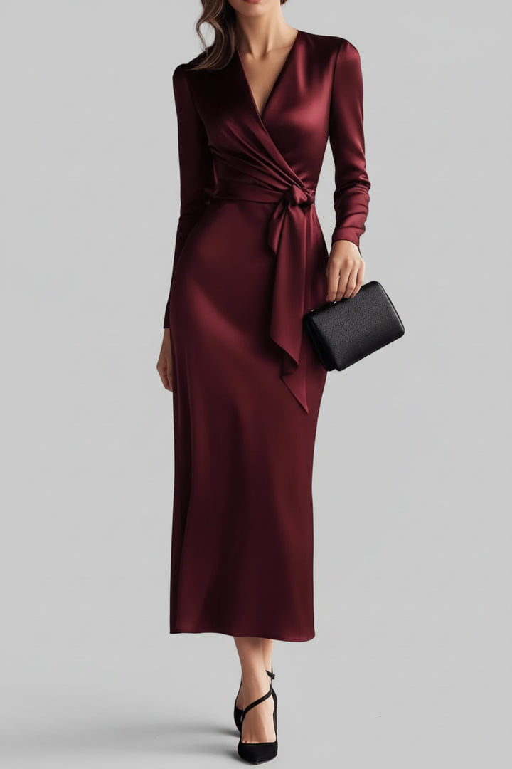 Satin Wrap Long Sleeve Midi Dress - Jsandiclothing.com