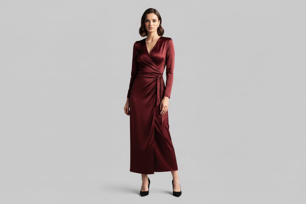 Satin Wrap Long Sleeve Midi Dress - Jsandiclothing.com
