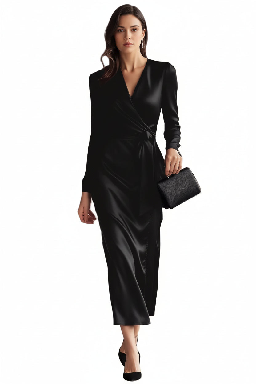 Satin Wrap Long Sleeve Midi Dress - Jsandiclothing.com