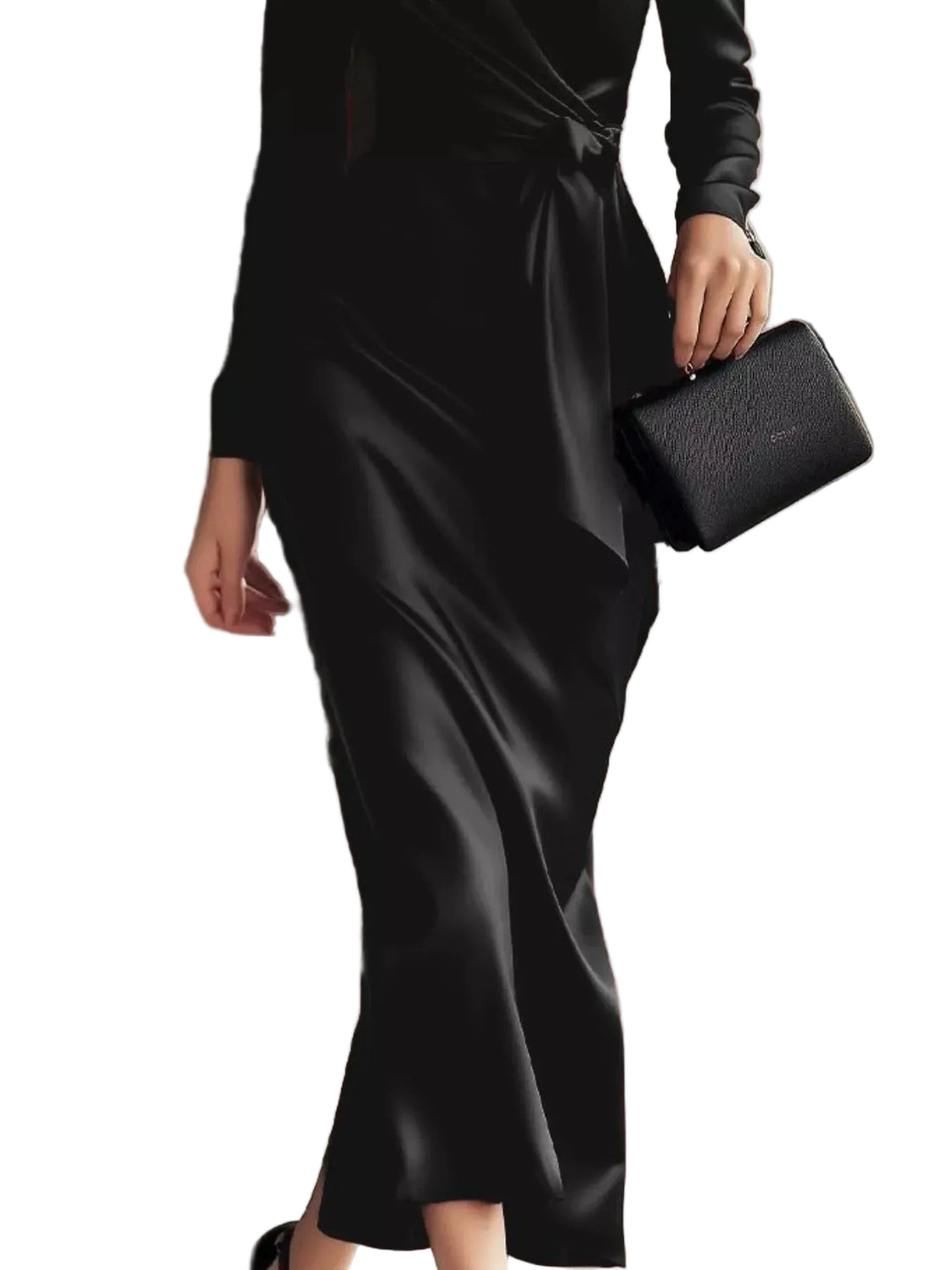 Satin Wrap Long Sleeve Midi Dress - Jsandiclothing.com