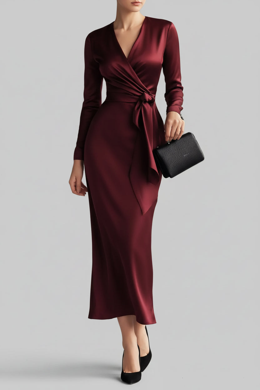 Satin Wrap Long Sleeve Midi Dress - Jsandiclothing.com