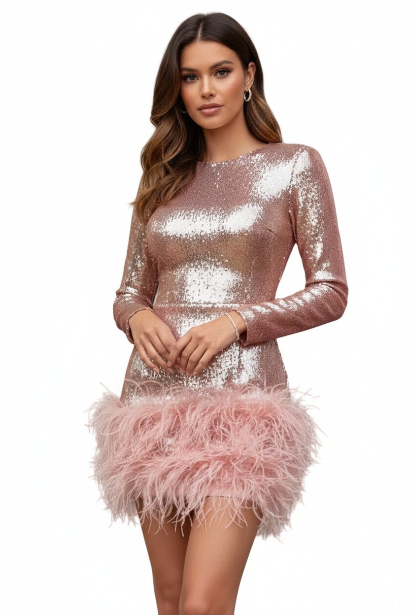 Sequin Feather Trim Mini Dress | Glam Party Look - Jsandiclothing.com