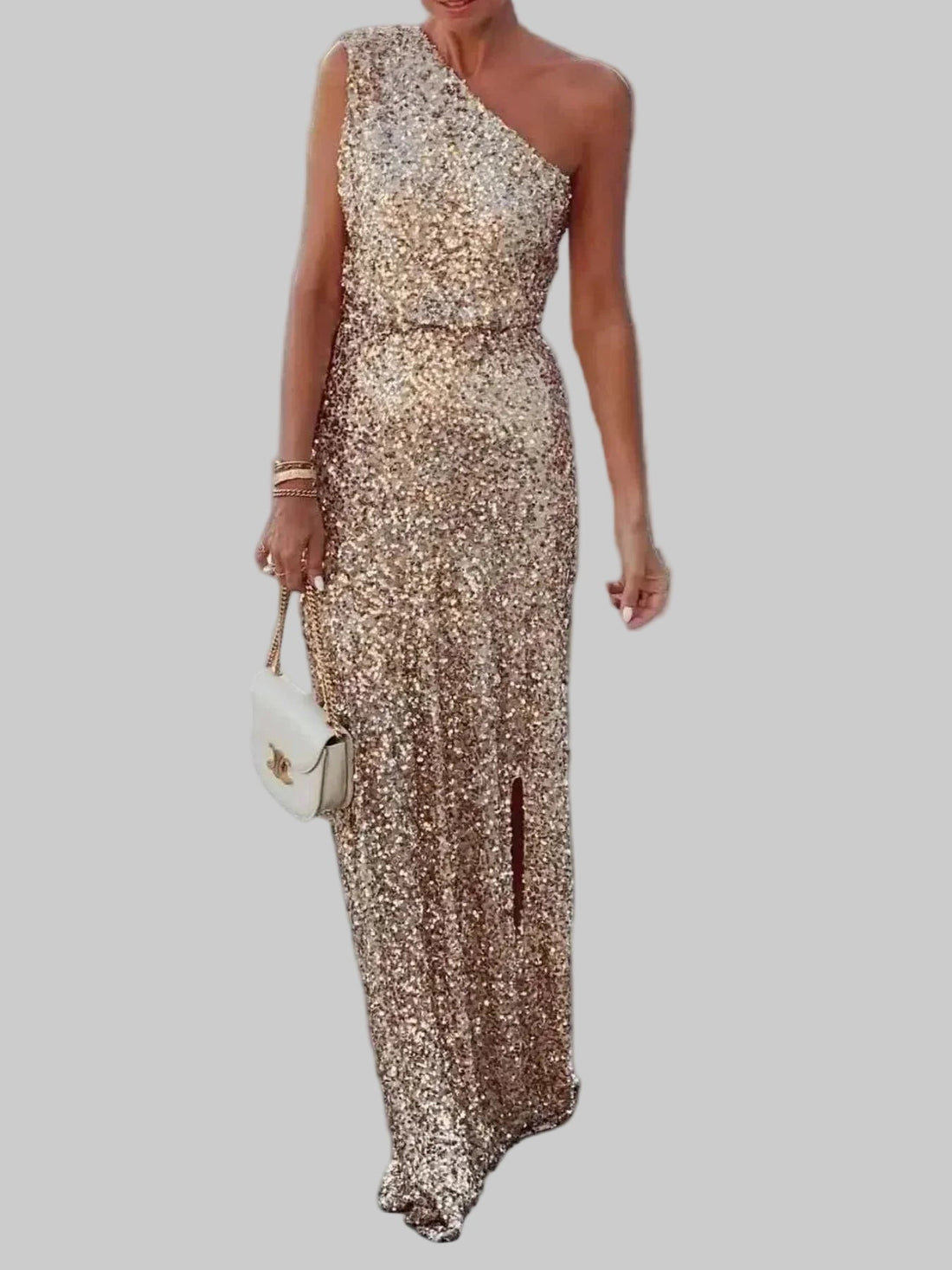 Sequin One - Shoulder Slit Maxi Dress - Elegant Party Gown for Women - Jsandiclothing.com