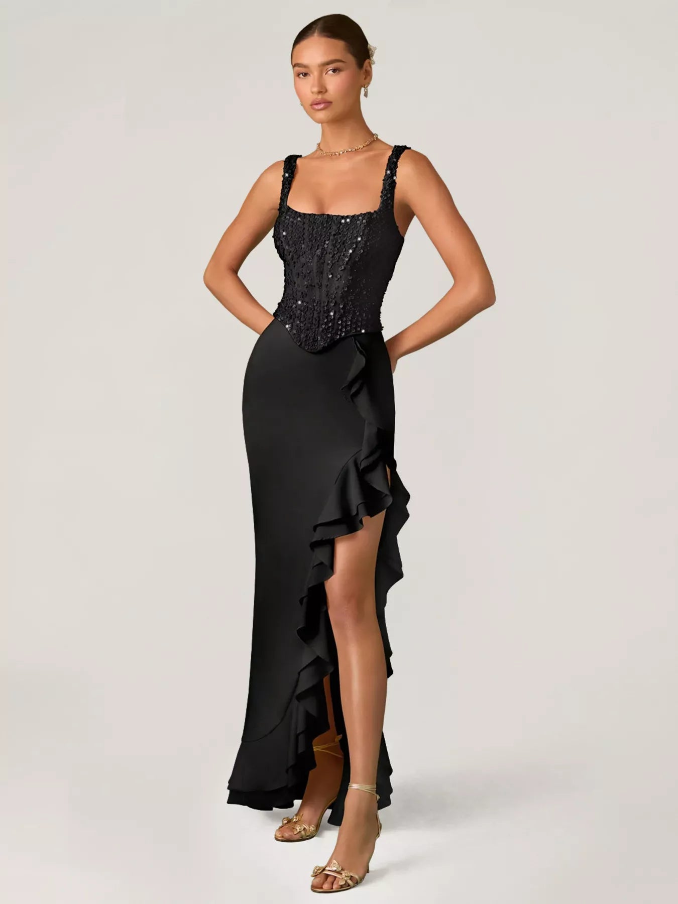 Sequin Ruffle Hem Maxi Dress - Jsandiclothing.com