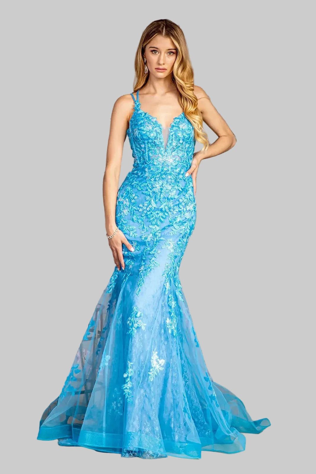 Sleeveless Fashion Forward Mermaid Gown w/ Floral Motif GLGL3333 - Jsandiclothing.com