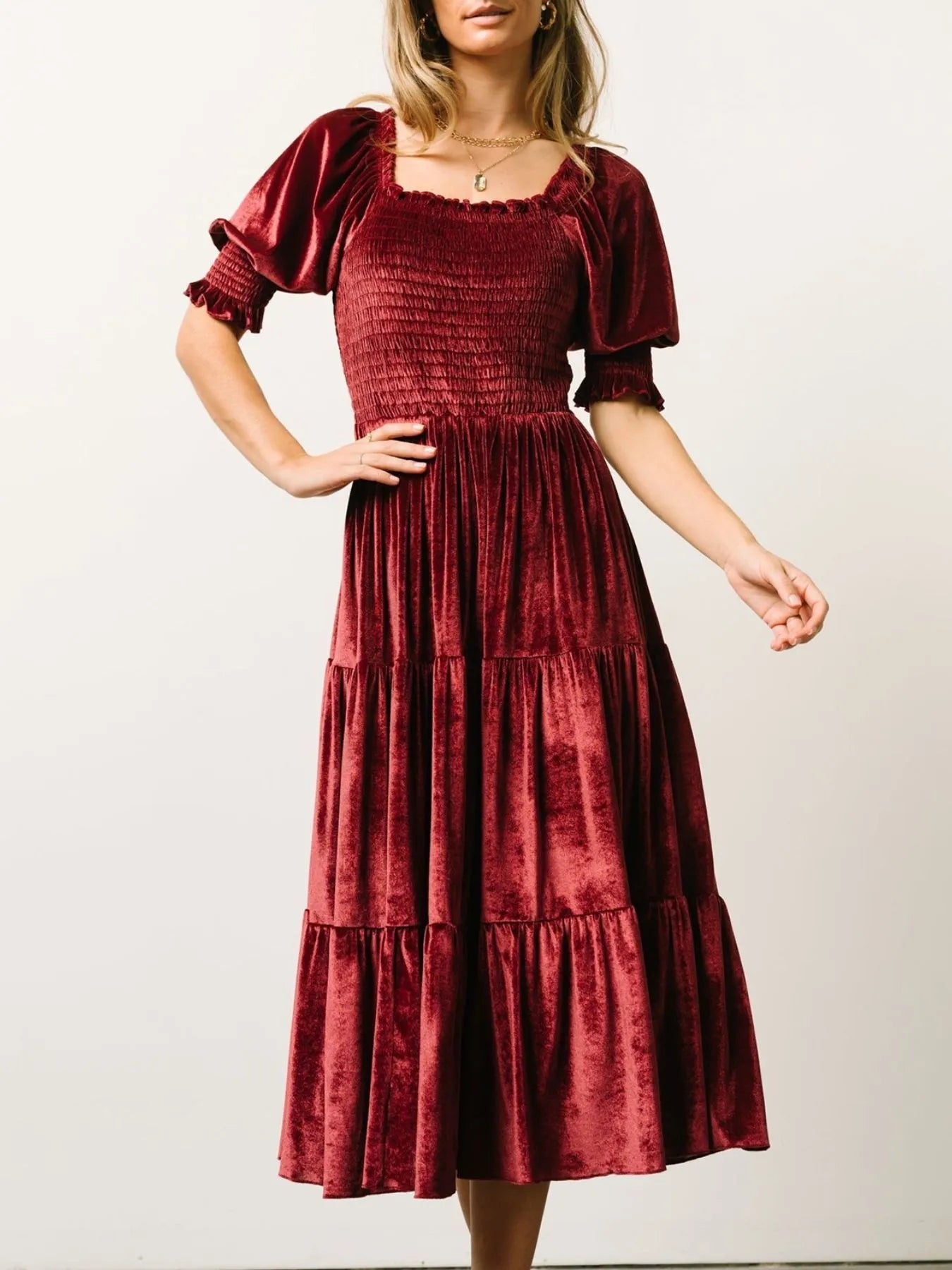 Smocked Half Sleeve Tiered Midi Dress - Elegant & Comfortable Fit - Jsandiclothing.com