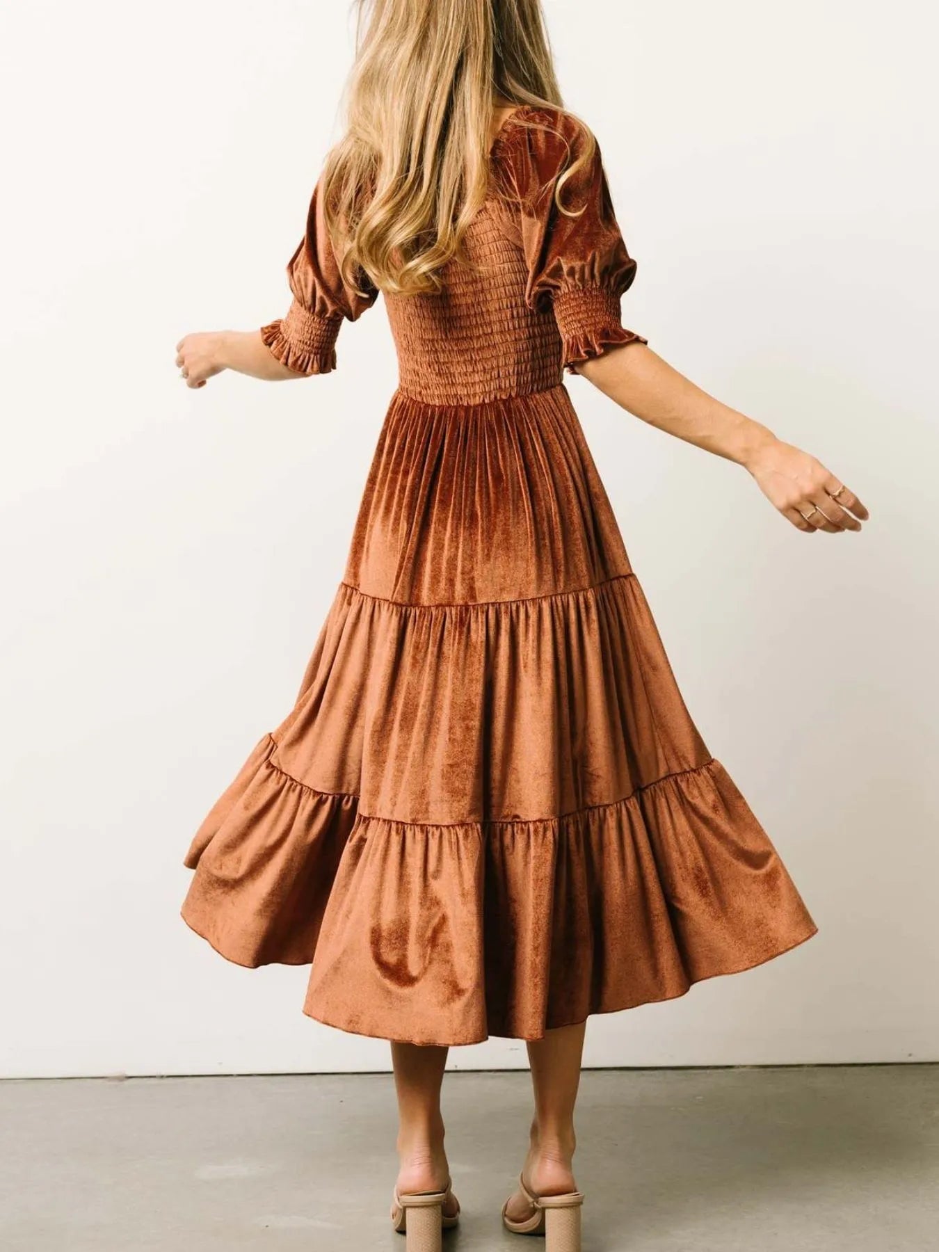 Smocked Half Sleeve Tiered Midi Dress - Elegant & Comfortable Fit - Jsandiclothing.com