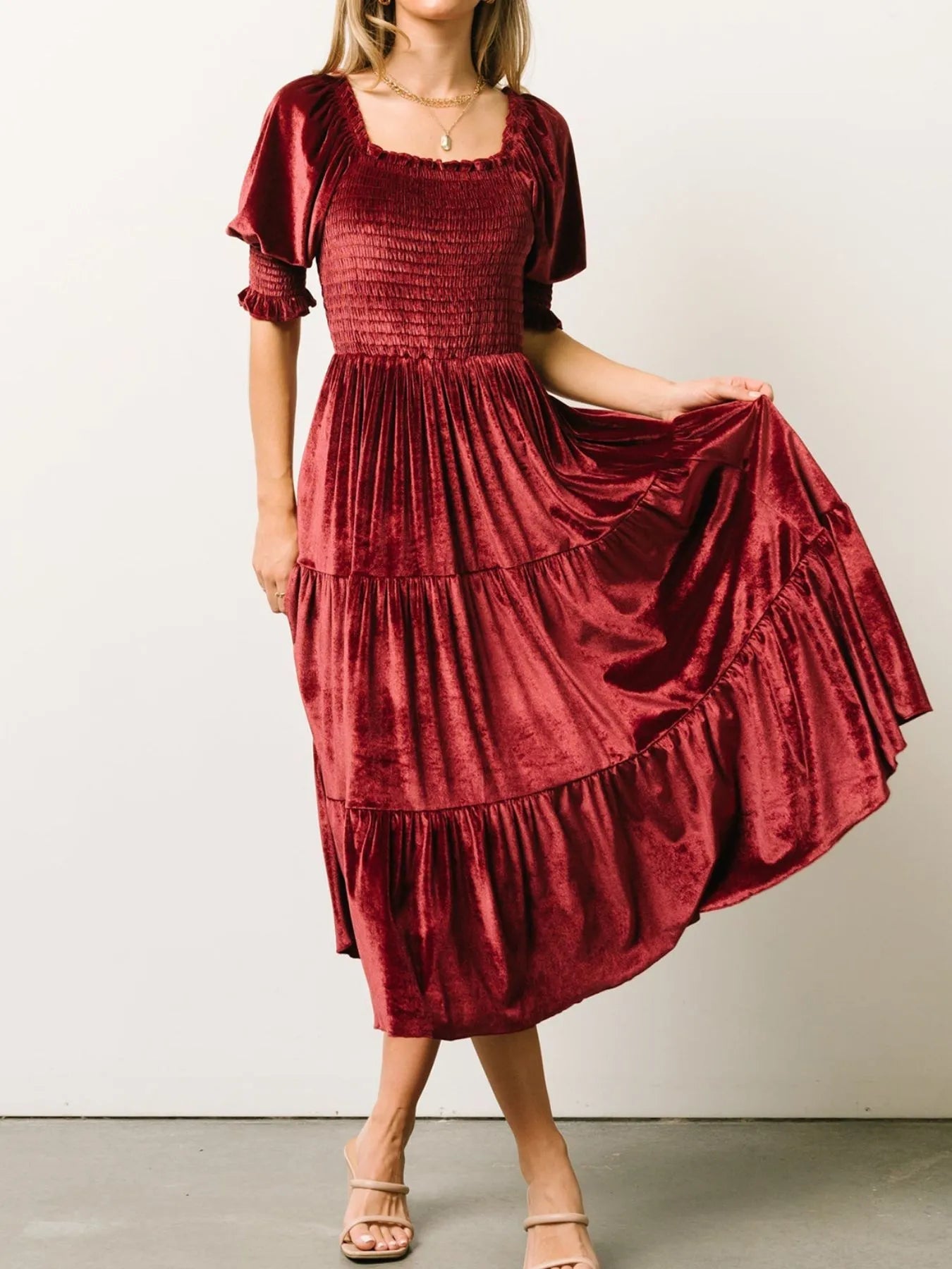 Smocked Half Sleeve Tiered Midi Dress - Elegant & Comfortable Fit - Jsandiclothing.com