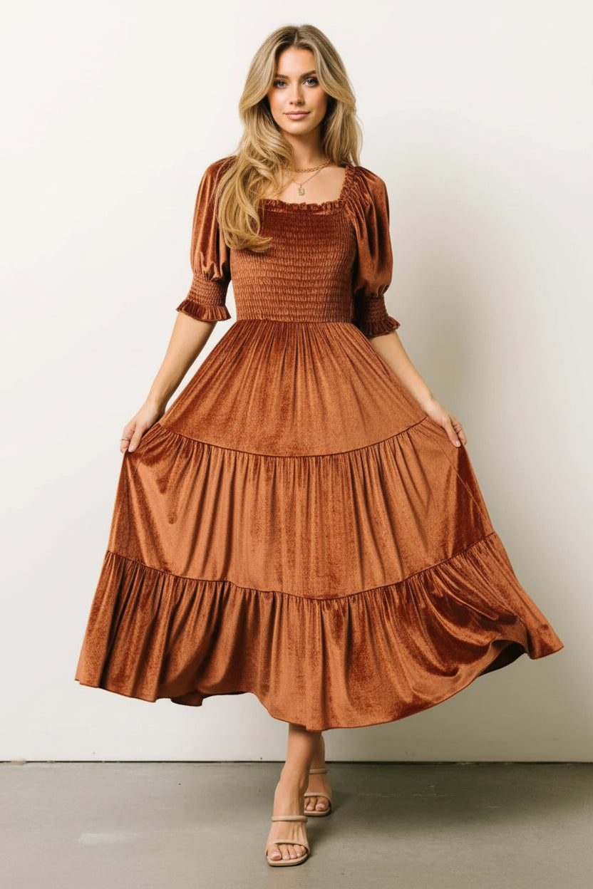 Smocked Half Sleeve Tiered Midi Dress - Elegant & Comfortable Fit - Jsandiclothing.com