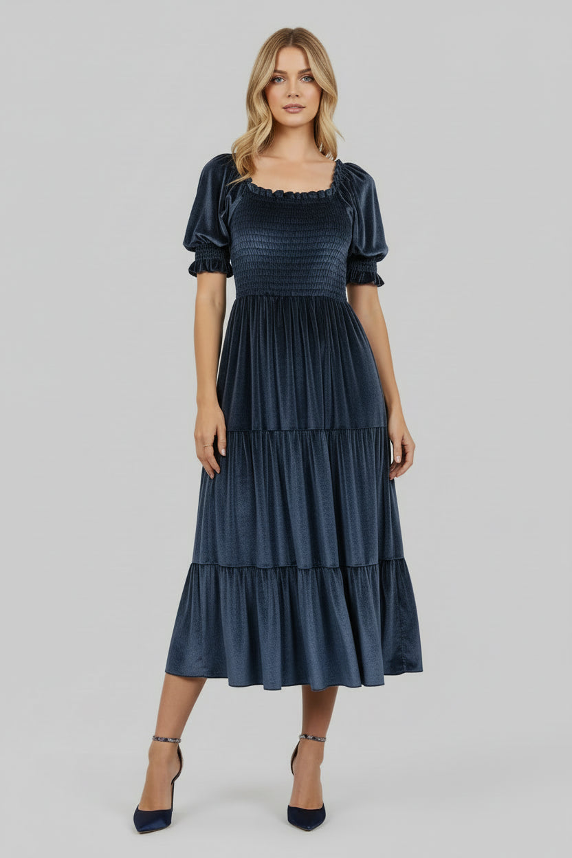 Smocked Half Sleeve Tiered Midi Dress - Elegant & Comfortable Fit - Jsandiclothing.com