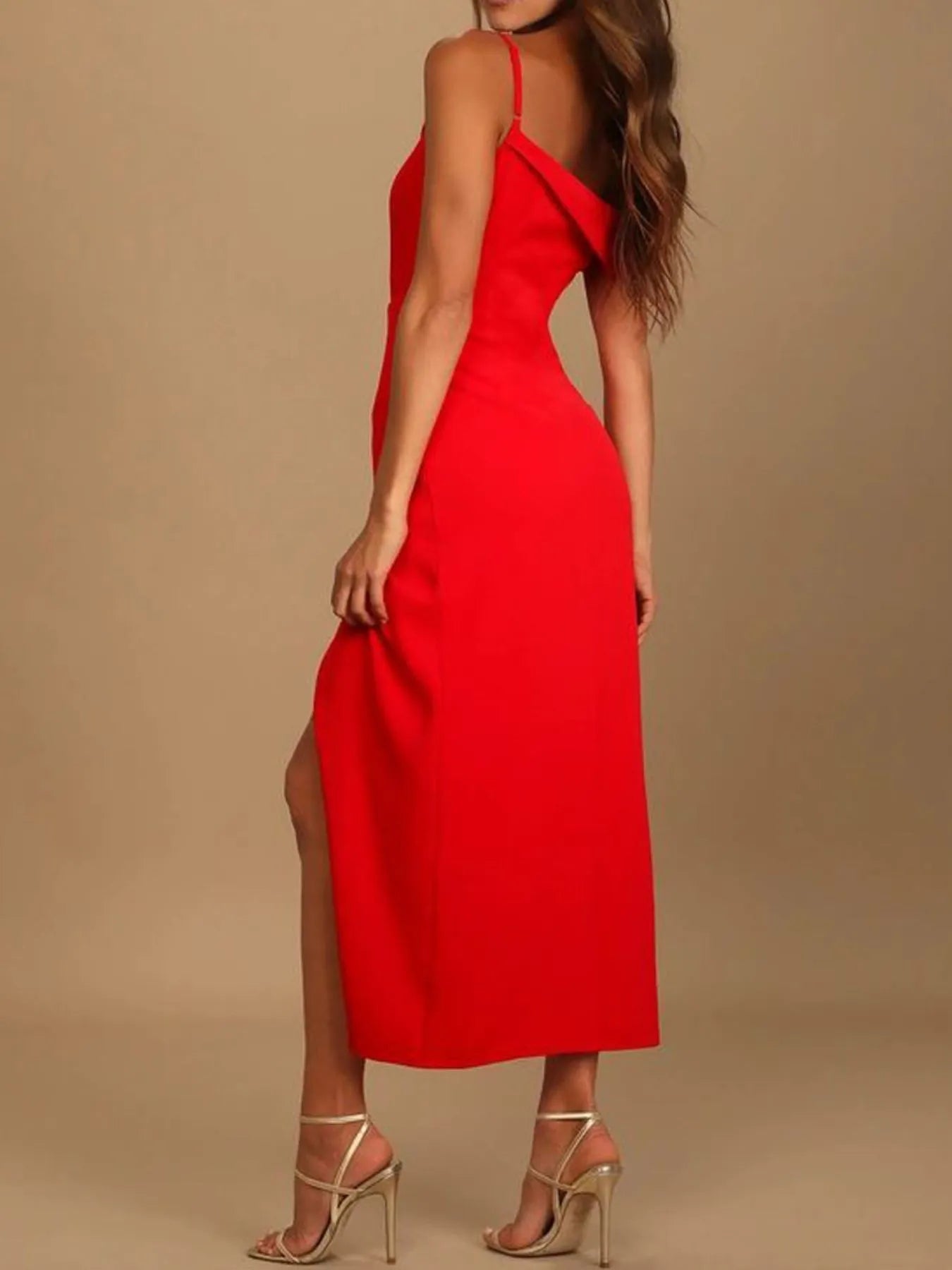 Split Asymmetrical Neck Midi Dress - Jsandiclothing.com