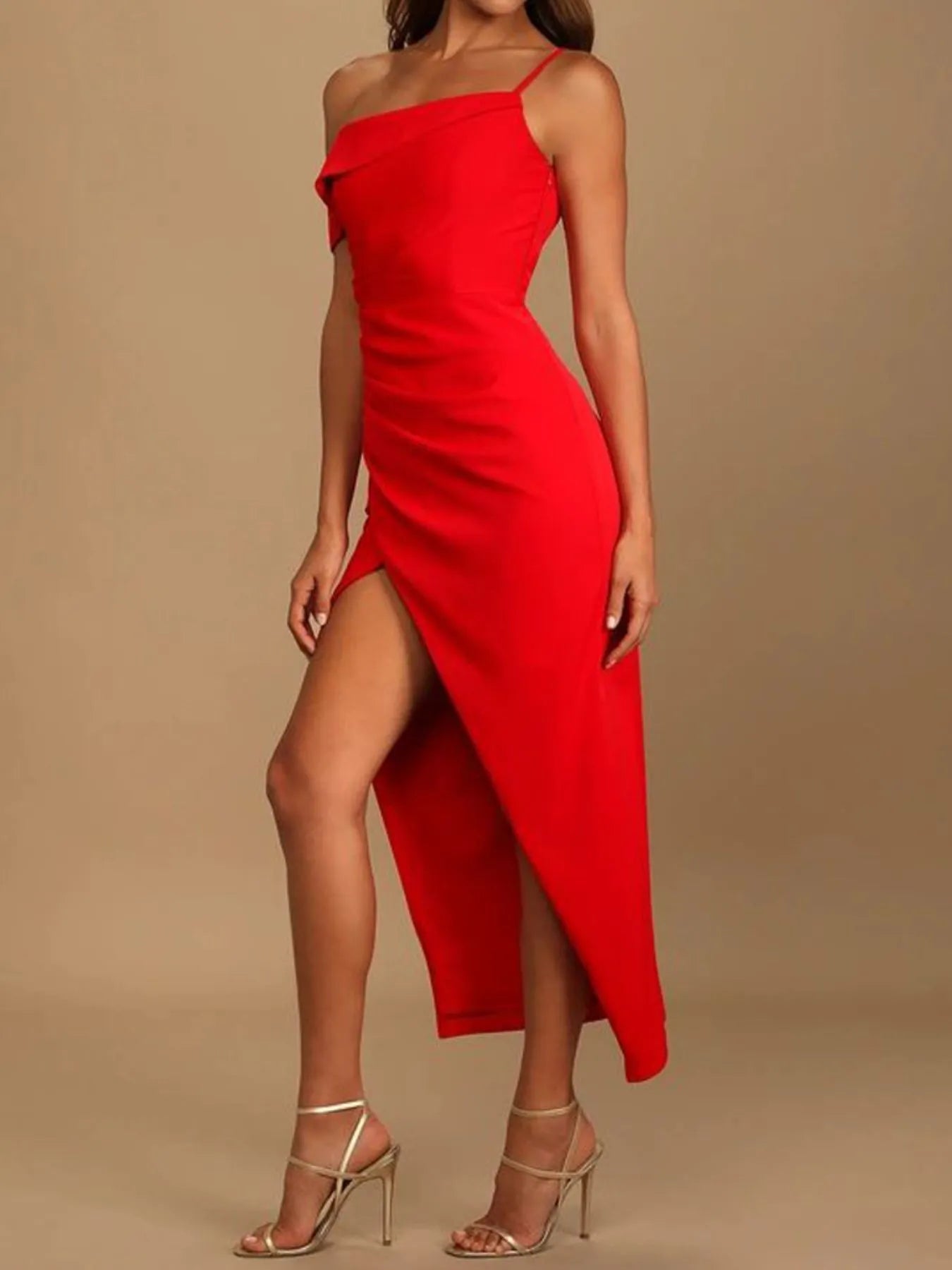 Split Asymmetrical Neck Midi Dress - Jsandiclothing.com