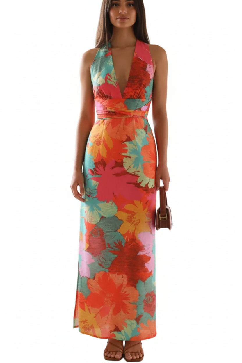 Split Crisscross Back Printed Plunge Maxi Dress - Jsandiclothing.com