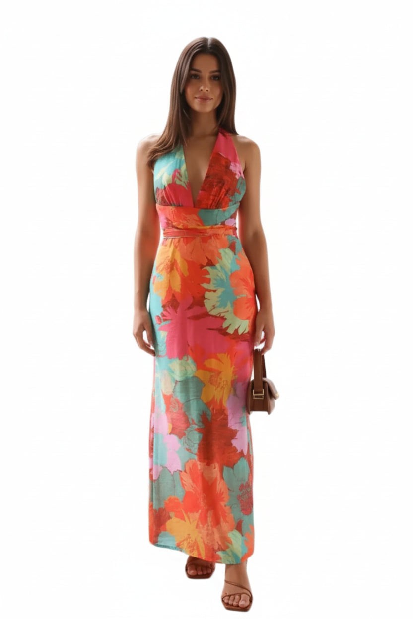 Split Crisscross Back Printed Plunge Maxi Dress - Jsandiclothing.com