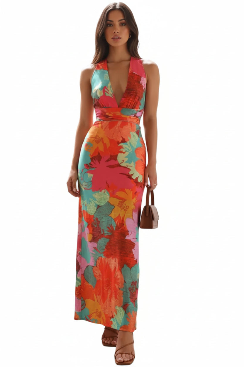 Split Crisscross Back Printed Plunge Maxi Dress - Jsandiclothing.com