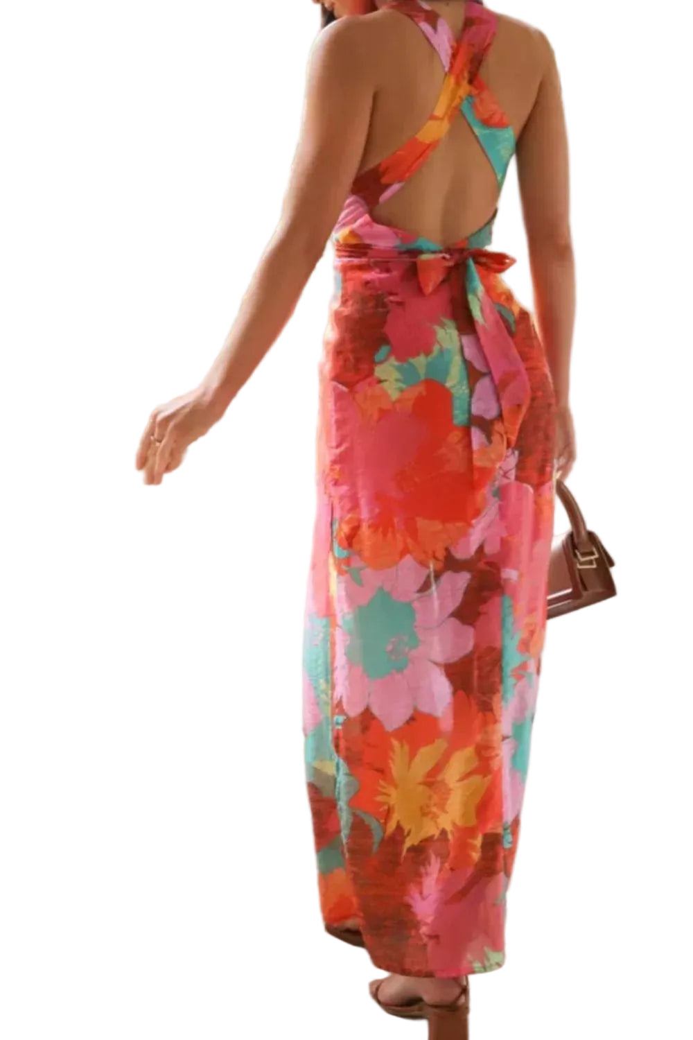 Split Crisscross Back Printed Plunge Maxi Dress - Jsandiclothing.com
