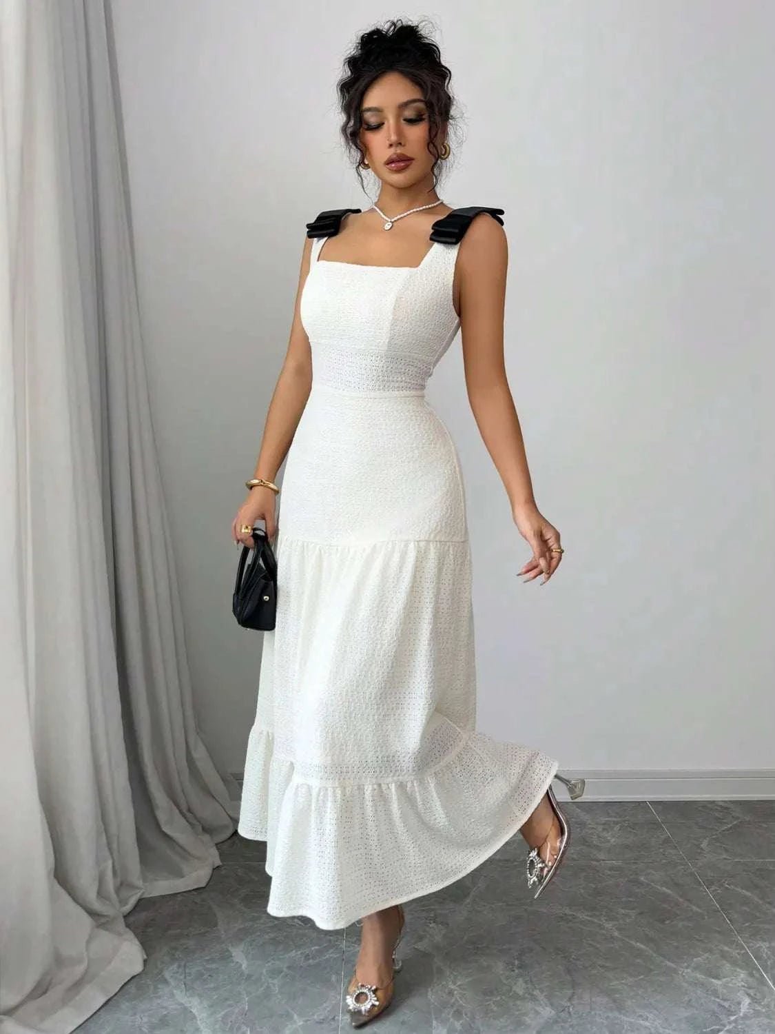 Square Neck Dress - Tiered Wide Strap Style with Charming Bow Detail - Jsandiclothing.com