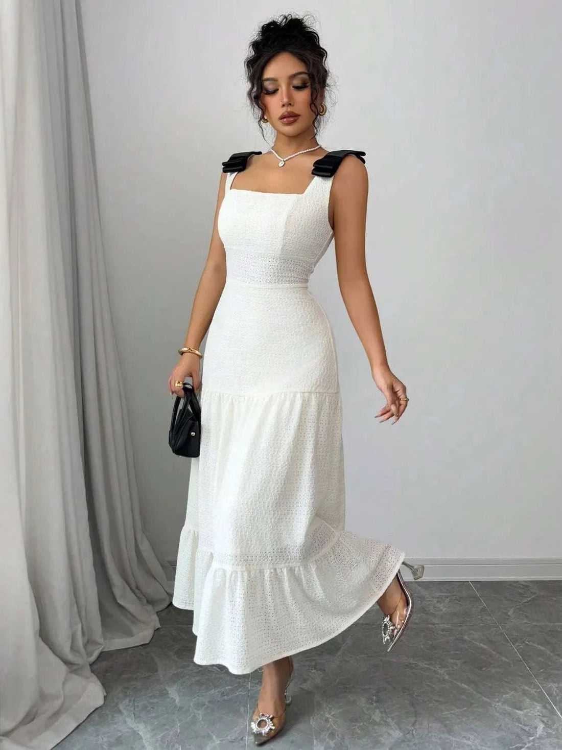 Square Neck Dress - Tiered Wide Strap Style with Charming Bow Detail - Jsandiclothing.com