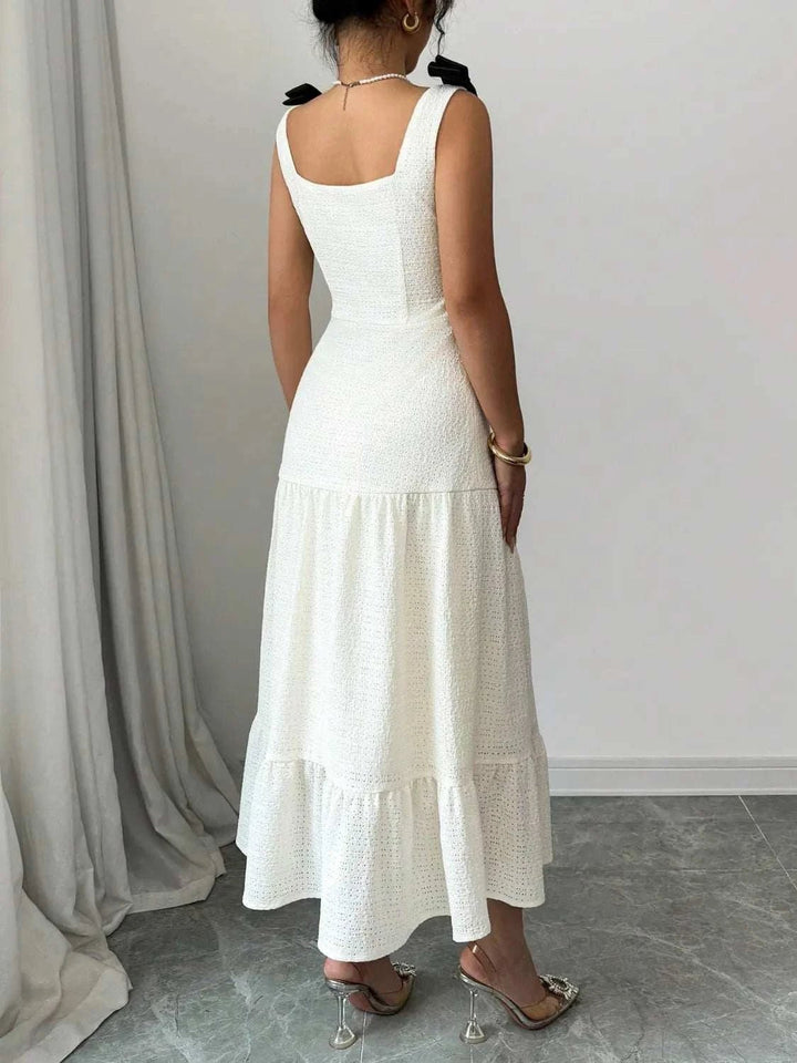 Square Neck Dress - Tiered Wide Strap Style with Charming Bow Detail - Jsandiclothing.com