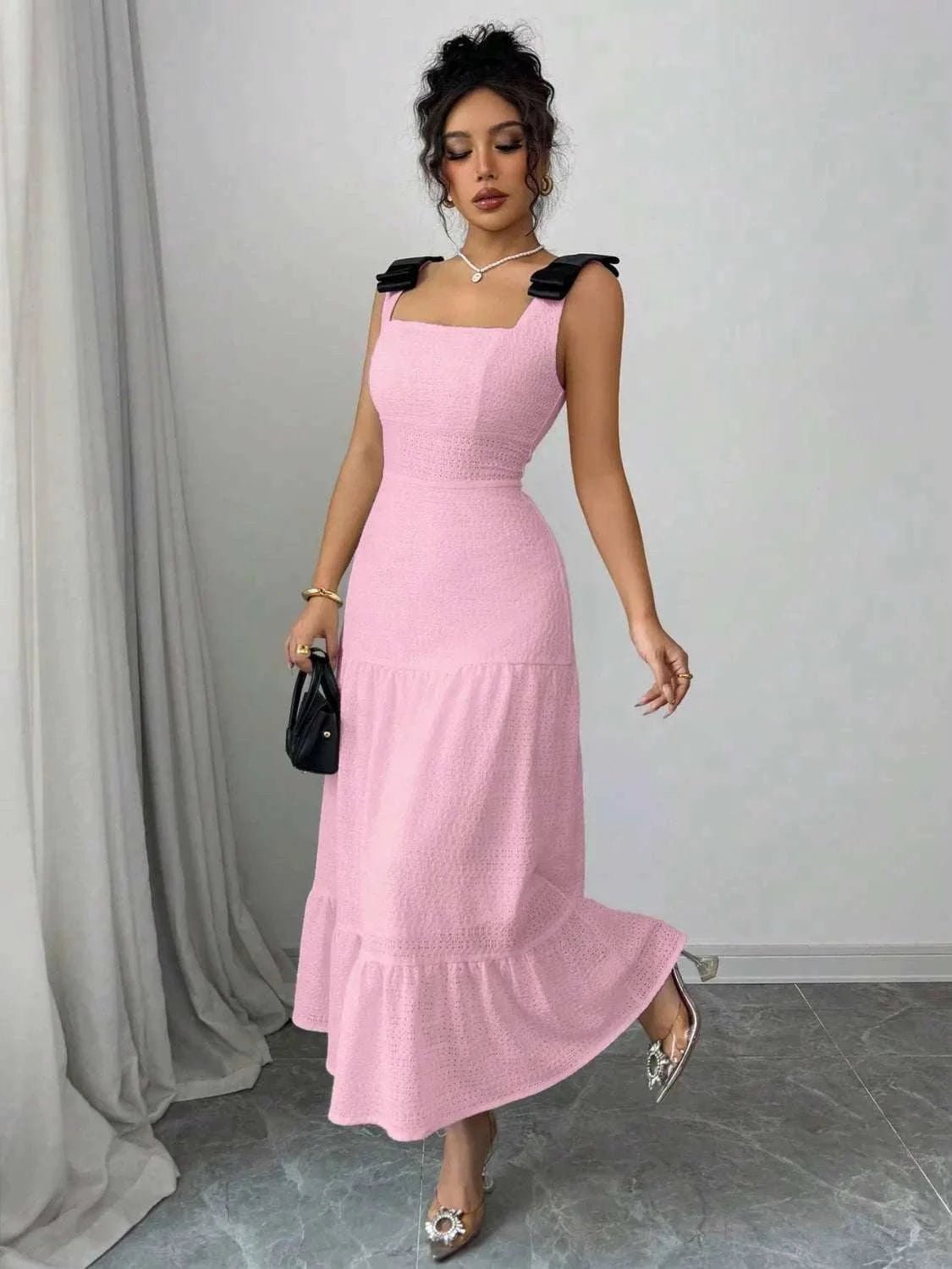 Square Neck Dress - Tiered Wide Strap Style with Charming Bow Detail - Jsandiclothing.com