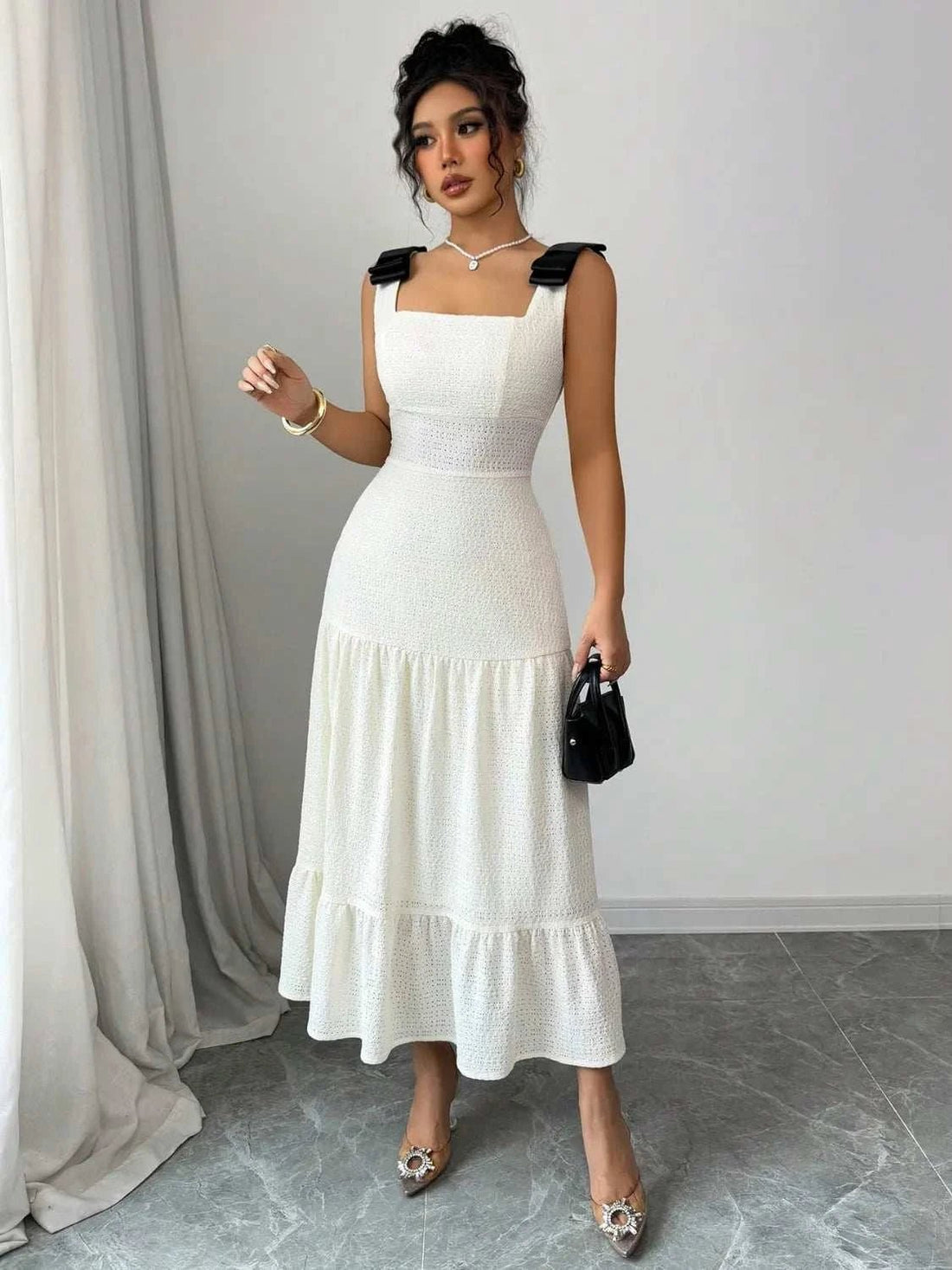 Square Neck Dress - Tiered Wide Strap Style with Charming Bow Detail - Jsandiclothing.com