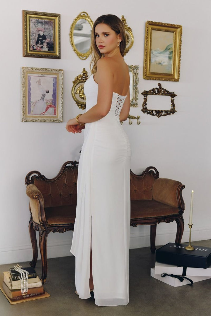 Strapless Off White Modern Bridal Gown w/ Side Sash & Lace - Up Back - Jsandiclothing.com