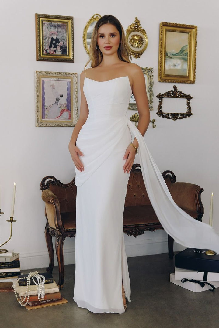 Strapless Off White Modern Bridal Gown w/ Side Sash & Lace - Up Back - Jsandiclothing.com