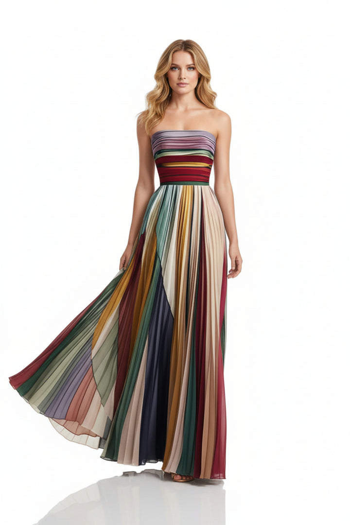 Striped Pleated Strapless Maxi Dress - JSandiClothing - Jsandiclothing.com