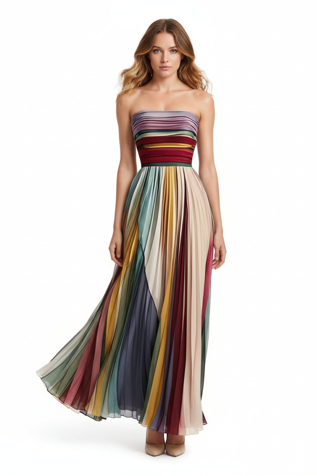 Striped Pleated Strapless Maxi Dress - JSandiClothing - Jsandiclothing.com