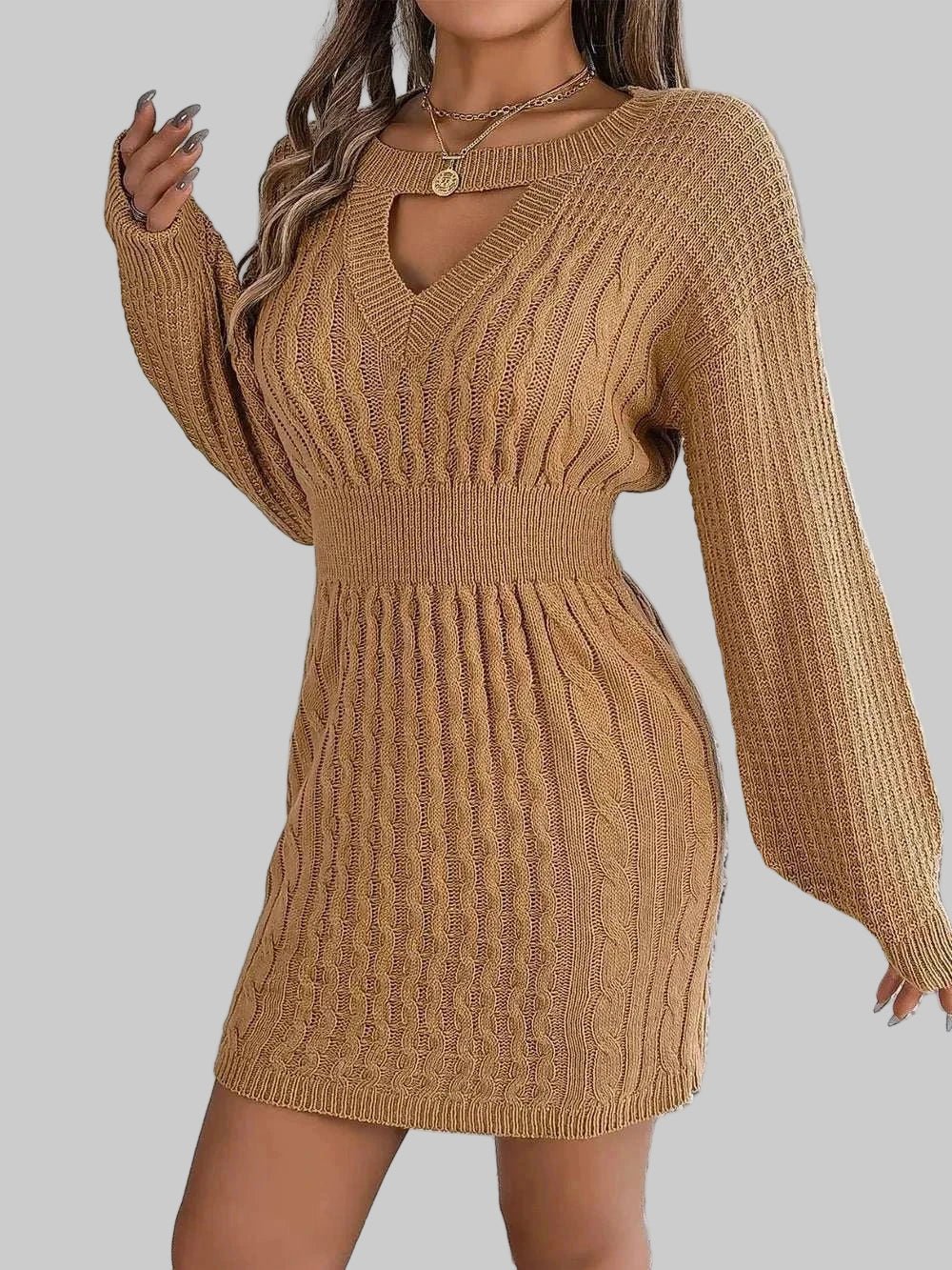 Sweater Dress - Cable - Knit Cutout Round Neck Slit for Women| JSandi - Jsandiclothing.com