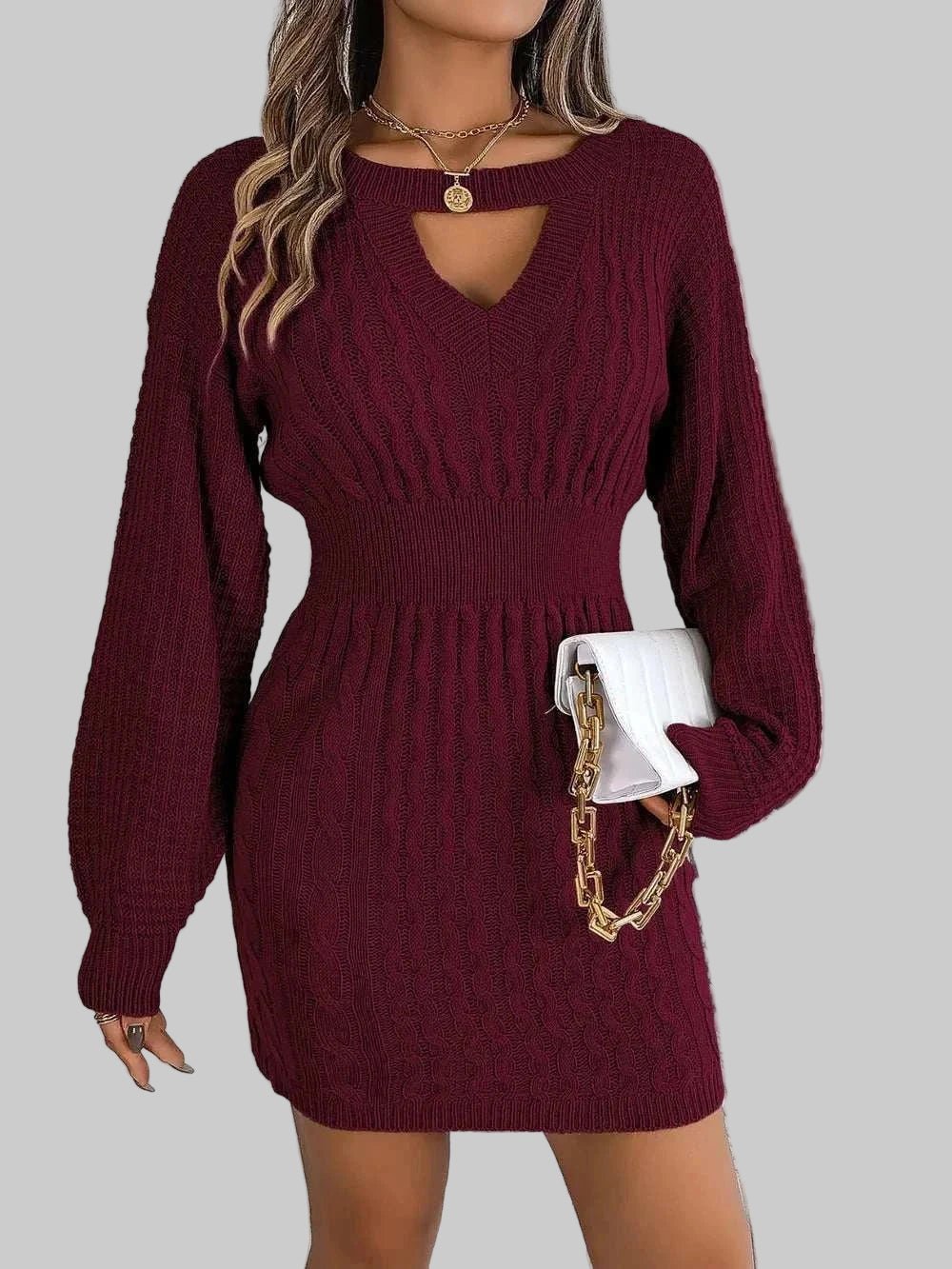 Sweater Dress - Cable - Knit Cutout Round Neck Slit for Women| JSandi - Jsandiclothing.com