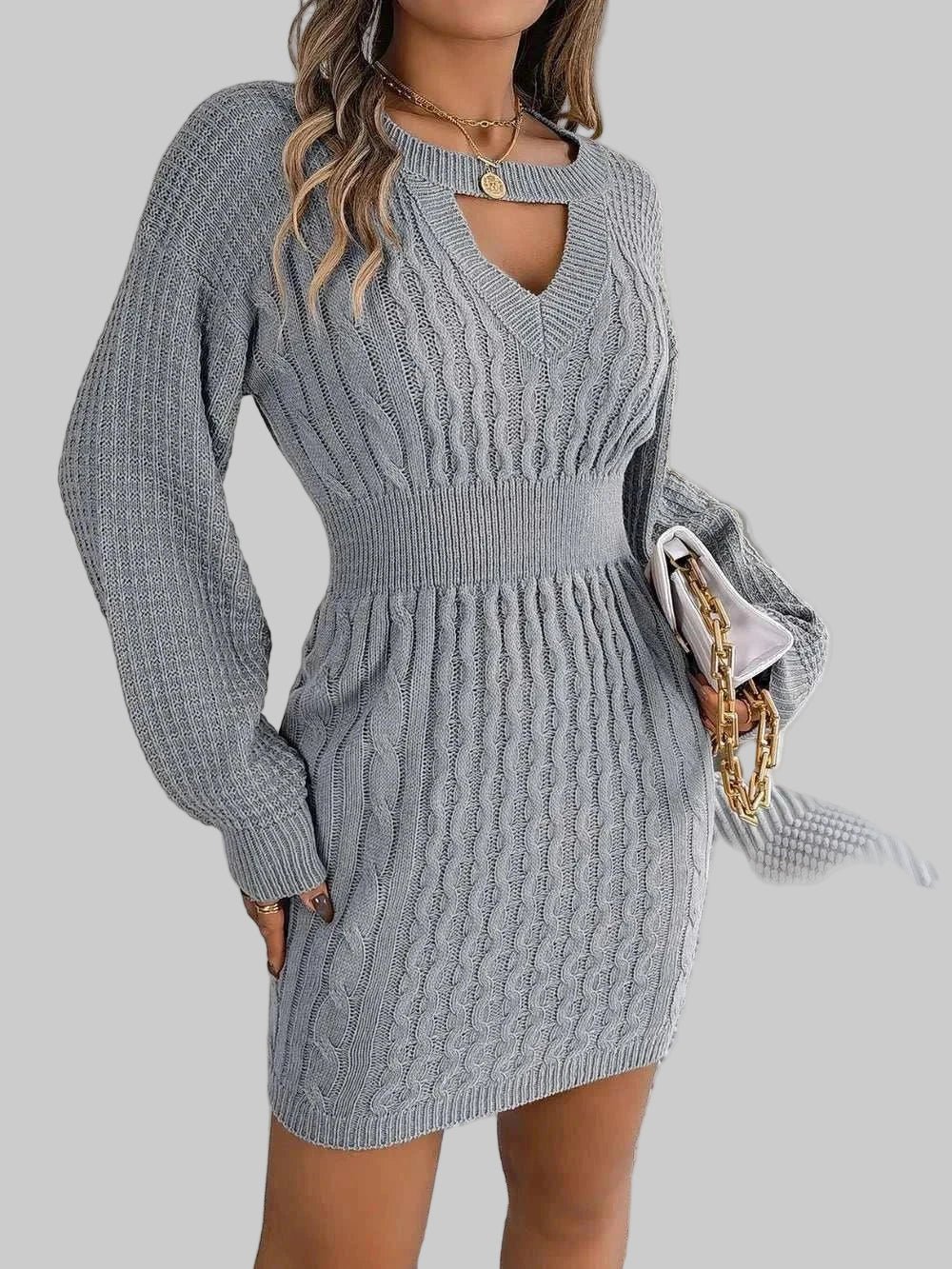 Sweater Dress - Cable - Knit Cutout Round Neck Slit for Women| JSandi - Jsandiclothing.com