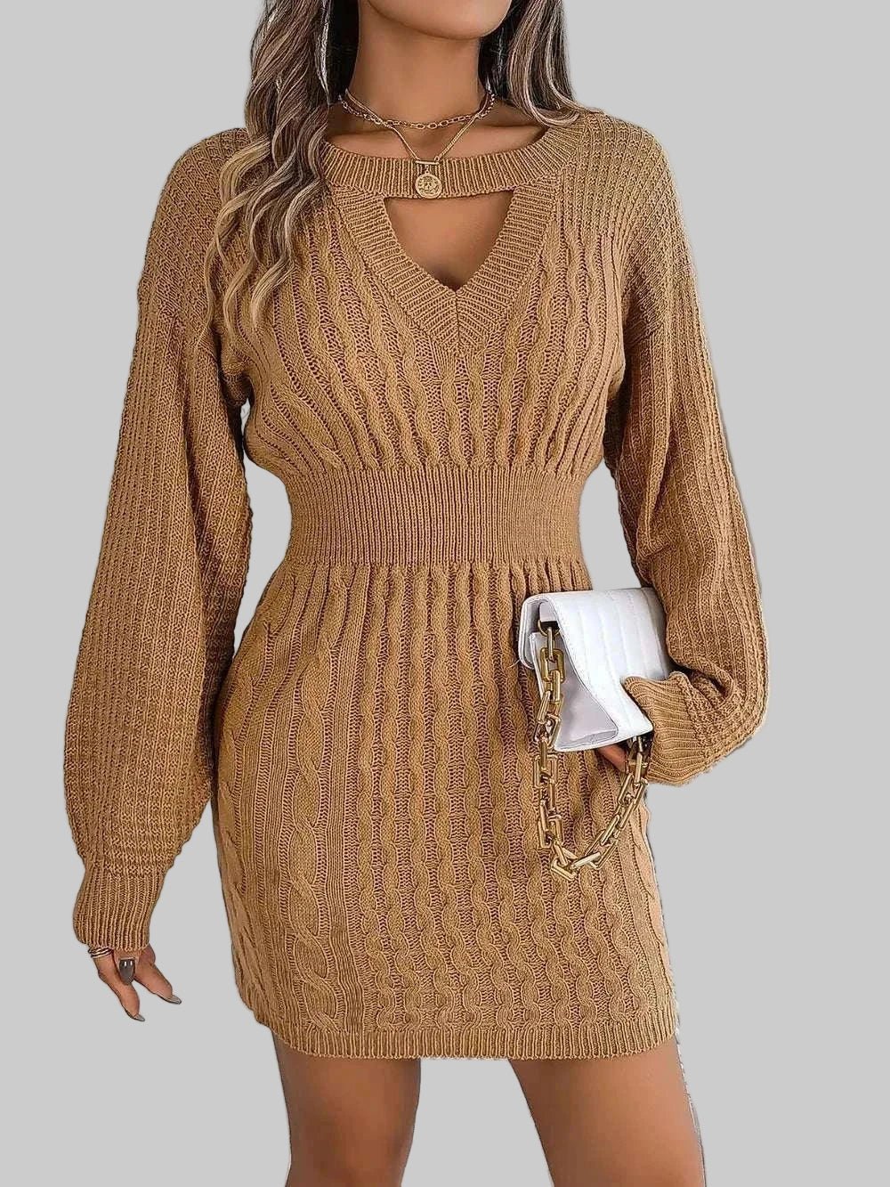 Sweater Dress - Cable - Knit Cutout Round Neck Slit for Women| JSandi - Jsandiclothing.com