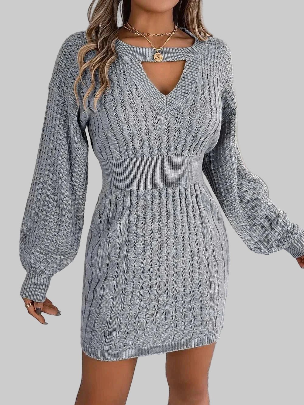 Sweater Dress - Cable - Knit Cutout Round Neck Slit for Women| JSandi - Jsandiclothing.com