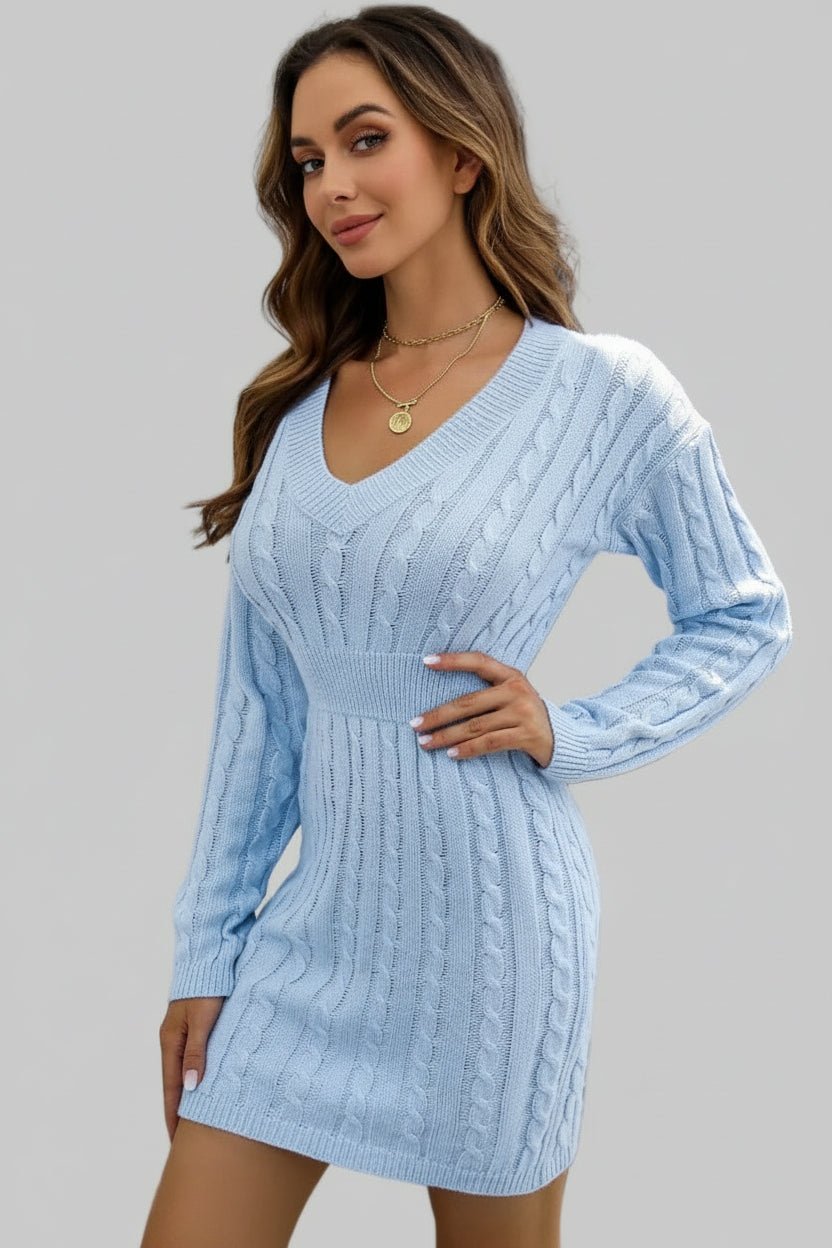 Sweater Dress - Cable - Knit V - Neck Long Sleeve Mini |Elegant and Stylish - Jsandiclothing.com
