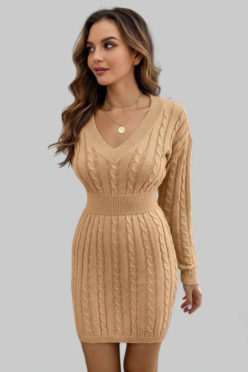 Sweater Dress - Cable - Knit V - Neck Long Sleeve Mini |Elegant and Stylish - Jsandiclothing.com