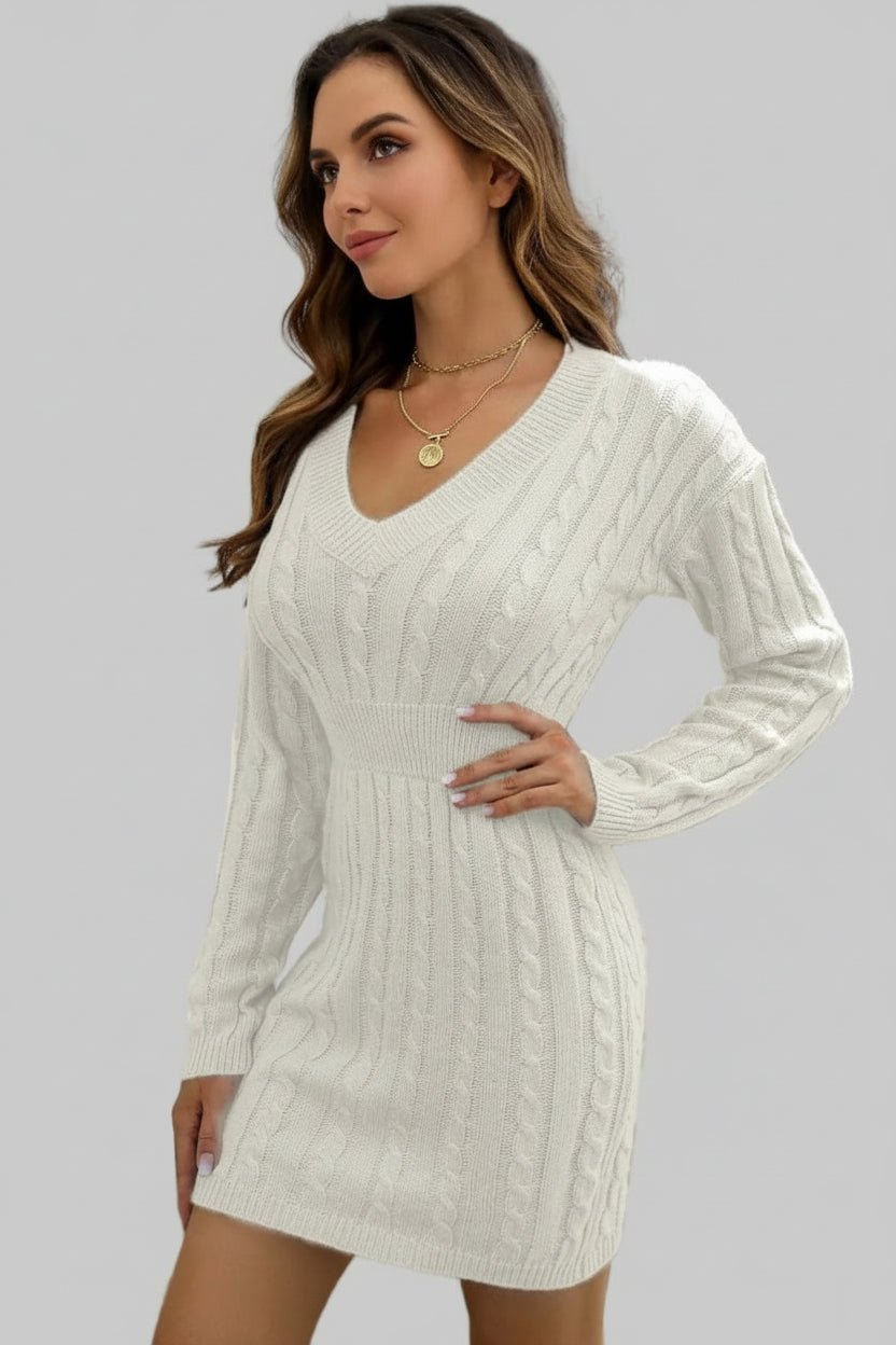 Sweater Dress - Cable - Knit V - Neck Long Sleeve Mini |Elegant and Stylish - Jsandiclothing.com